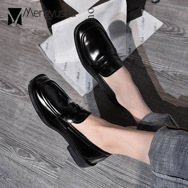 

preppy girls oxford shoes ladies casual slip on small leather shoes solid leather flats women square toe low heels bullock, Black