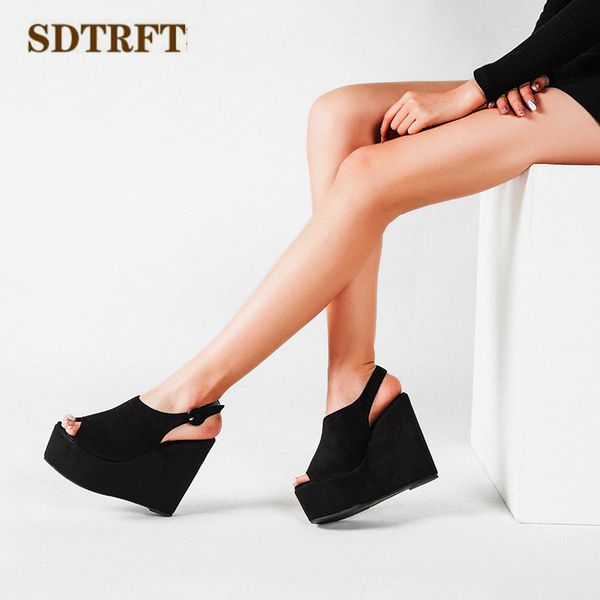 

sdtrft summer stiletto ladies nightclubs dance sandals buckle shoes woman 14cm high heels gladiator wedges pumps sandalias mujer, Black