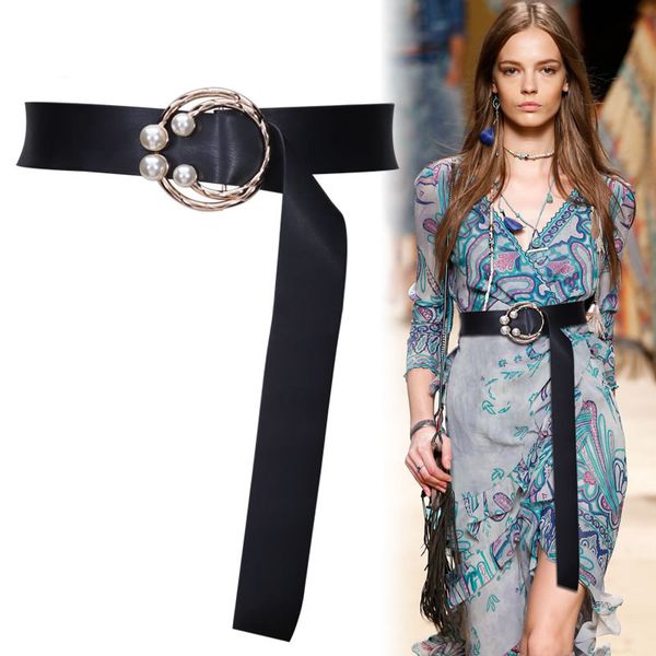 

pearl beading o-ring buckle long belt wide soft pu lesther belts for women dress gold circle buckles fashion waistband party, Black;brown