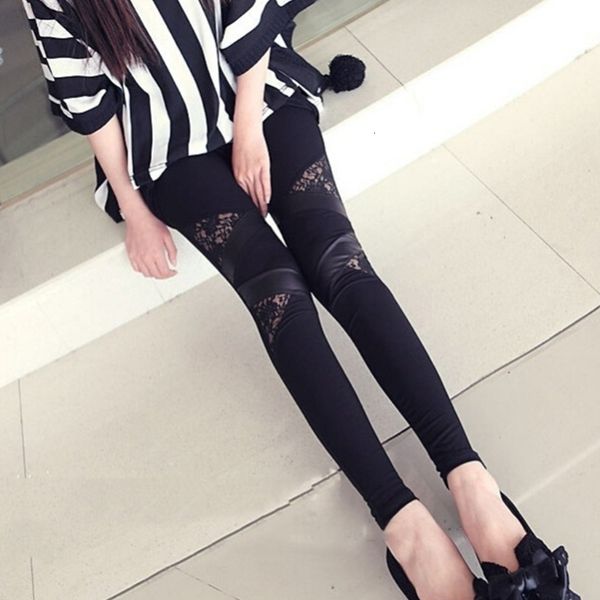 

2020 charming warm lace leggings skinny stretch pants for autumn winter triangular lace pu leather leggings, Black