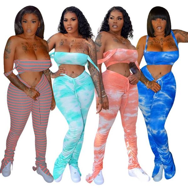 

casual women two piece set tie dye striped stacked leggings crop +long pants party night clothes for women, White