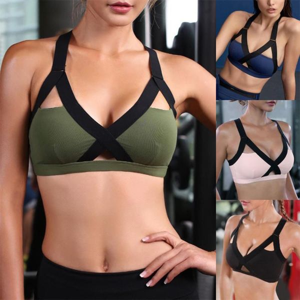 

gym clothing women sports bras v collar running yoga tank underwear short bra back bandage cross sportswear fitness, White;black