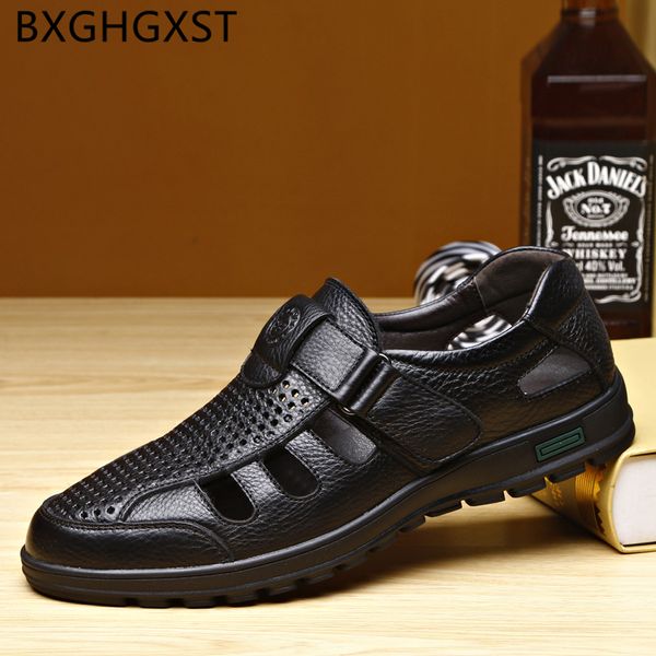 

summer sandals men dress shoes mens sandals genuine leather fashion brown dress casual shoes men 2020 designer ayakkabi, Black