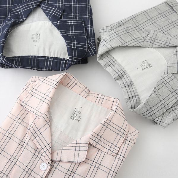 

dp6vm japanese-style unprinted double-layer gauze home es cloth pajamas cotton cloth short-sleeved suit men and women couples plaid cotton s, Blue;red