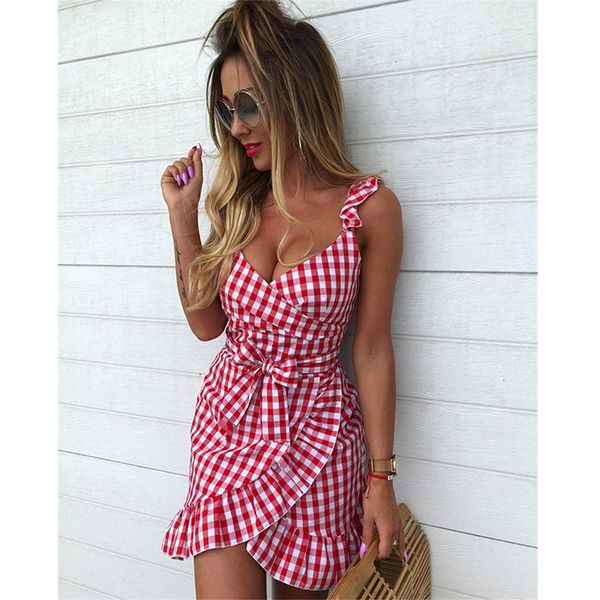 

summer dress women v-neck sleeveless spaghetti strap sundress wrap mini dresses irregular ruffles backless dress vestidos, Black;gray