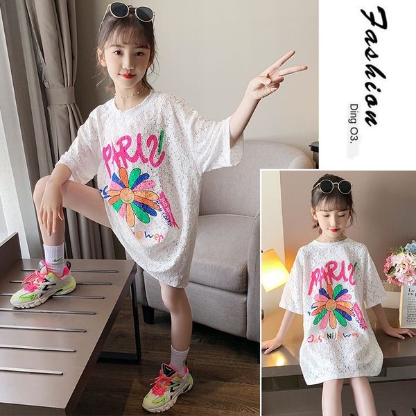 

cp879 girls long t-shirt 2020 summer new sunflower hollowed-out medium and loose dress large children loose skirt mother and daughter dress, Blue