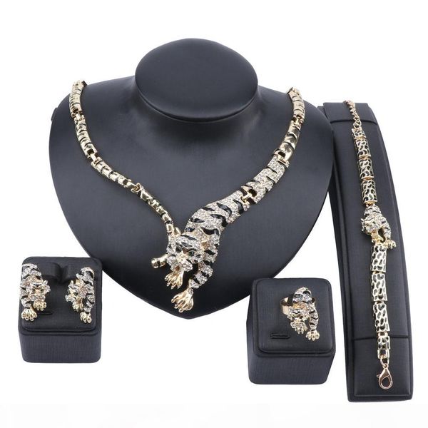 

exquisite dubai gold tiger crystal jewelry set luxury nigerian woman wedding costume design necklace earring ring bracelet set, Silver