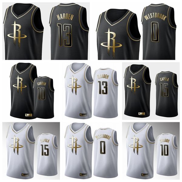 

houston rockets men james harden russell westbrook black white golden edition basketball swingman jersey, Black;red