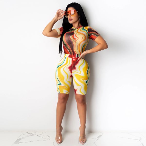 

summer fashion women's colorful striped clothes sets short sleeve bodysuits +high wasit shorts stylish 2pcs sets for womens, White