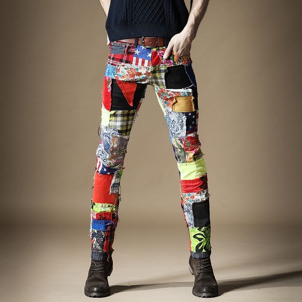 

men's jeans fashion male spring slim patch stitching punk street hip-hop personality beggar pants trousers, Blue