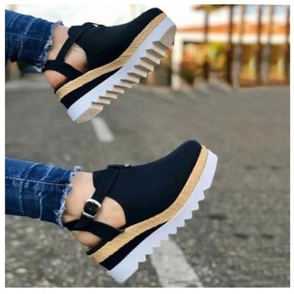 

platform sandals wedge buckle soft womens casual shoes mid heel slip on breathable ladies sneakers female vulcanized shoes, Black