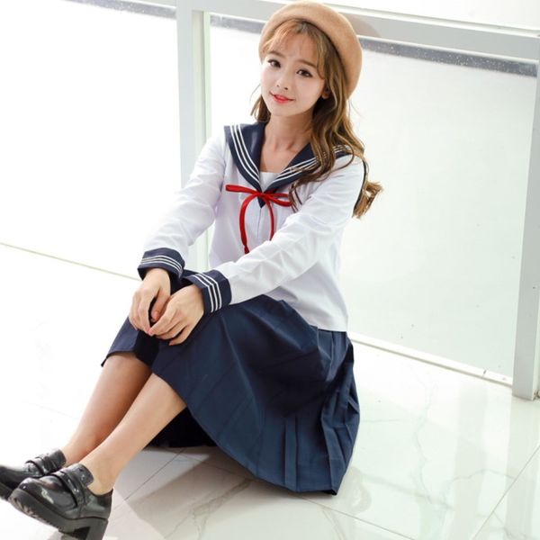 

japanese jk uniform student college wind cos dark blue dark sailor suit jacket + 47 cm long skirt suit female, White