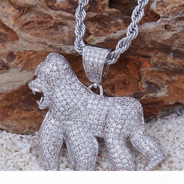 

o gold silver animal gorilla king kong necklace &pendant with 4mm rope chain iced out cubic zircon bling men hip hop jewelry gifts