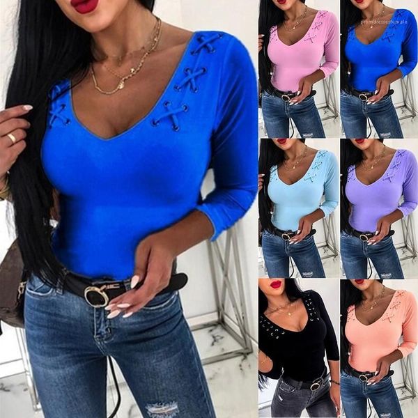 

long sleeve lace up solid color tees new women autumn women scoop neck tshirt casual, White