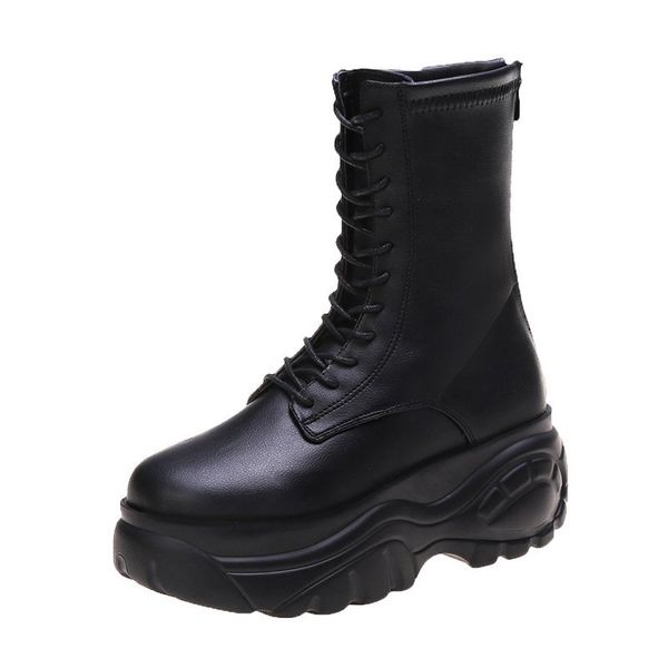 

luxury designer fashion women's boots 2020 winter mid-calf platform moctorcycle boots women leather lace-up punk high heel shoes, Black