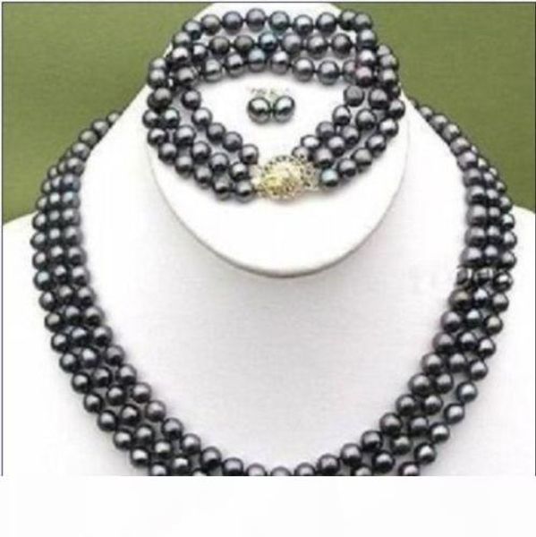 

3 rows black 6-7mm tahitian pearl necklace bracelet earring set
