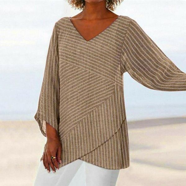 

women casual solid color long sleeve v neck irregular hem stripes loose blouse women's clothing irregular casual blouse, White