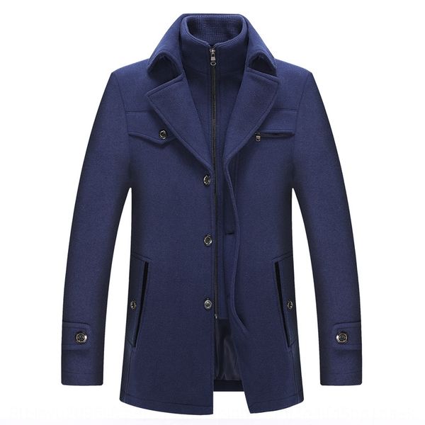 

slw6c autumn and winter new windbreaker wool wool coat double collar pocket horizontal zipper mid-length woolen coat men's woolen windb, Black