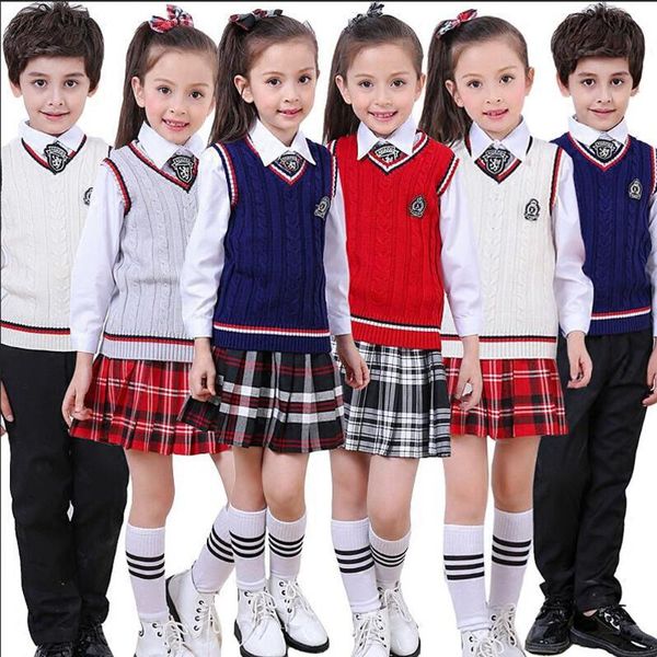 

children japanese korean school uniforms for girl boys navy style skirt shorts tie kids plaid long-sleeved clothing outfits, White