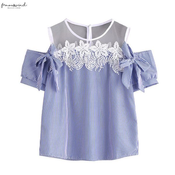 

blouse 2020 fashion women short sleeve off shoulder lace striped casual bts tumblr women casual, White