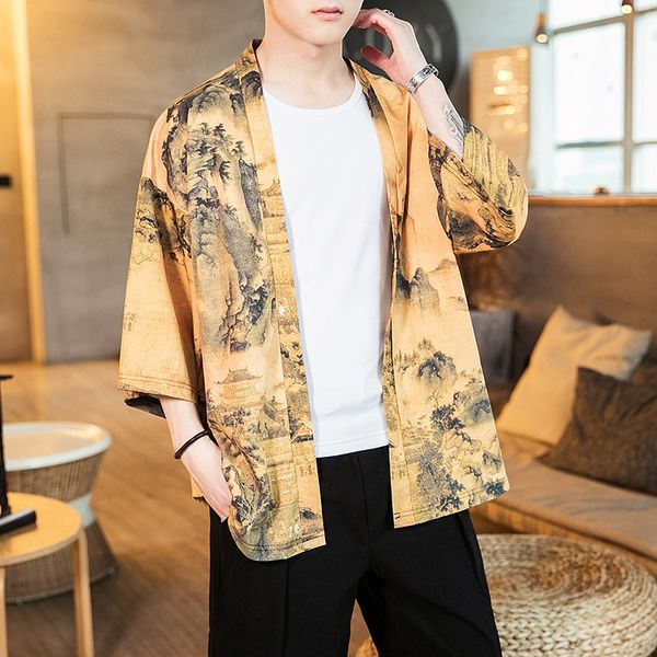 

chinese cloak nation coat nationality style trendy brand fu shihui kimono cardigan trendy loose coat large size ethnic men's cloak, Tan;black