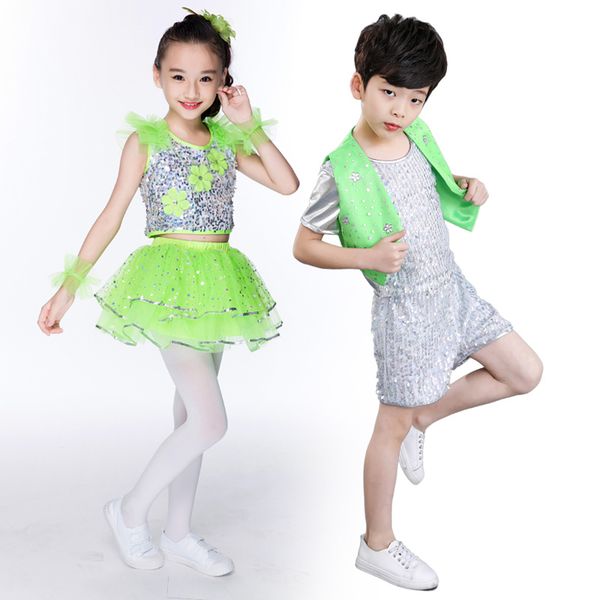 

stage wear kid green silver hip hop gymnastics jazz costume flash paillette dance tutu skirt for girl boy children, Black;red