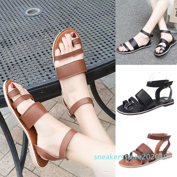 

sagace women sandals 2020 ladies summer new one-line buckle strap toe round toe sandals wear versatile flat roman shoes s10, Black
