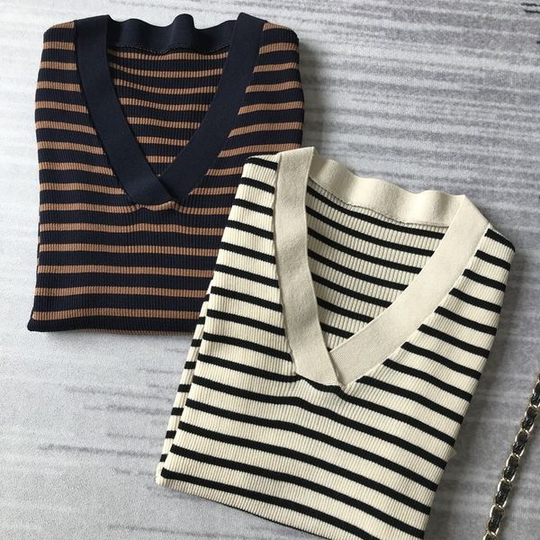 

7fysn indispensable striped western style advanced technique ~ tencel silk comfortable slim v-neck short sleeve t-shirt t-shirt sweater swea, White
