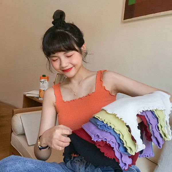 

7 colors women sweet slim sleeveless summer tank 2020 lace elastic knitted crop for ladies vest women (f6671, White