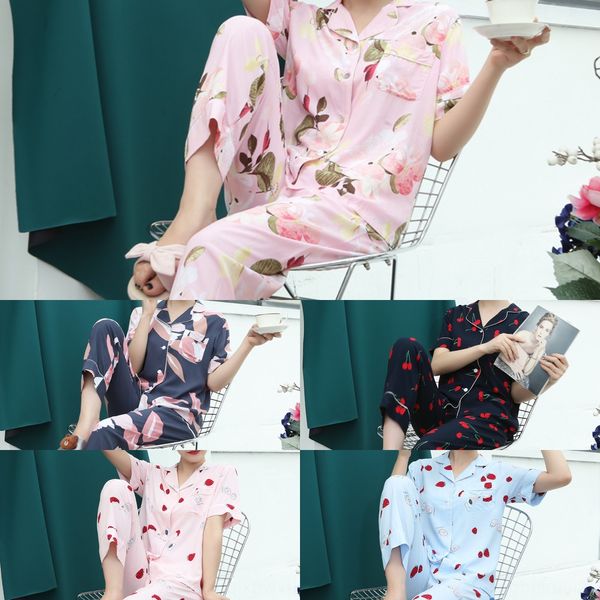 

summer new women's cotton short-sleeved trousers casual home pajamas home clothes set cardigan thin pajamas night market, Blue;red
