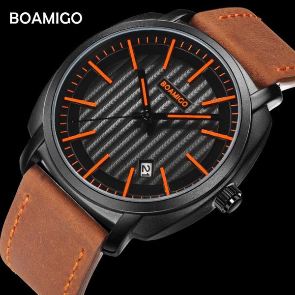 

boamigo quartz watches men leather strap 30m waterproof wristwatches auto date relogio masculino, Slivery;brown