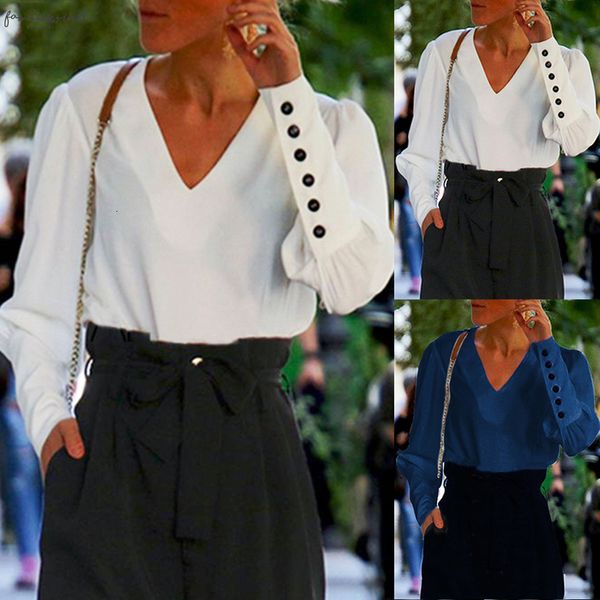 

v neck women blouse shirts puff sleeve long sleeve button white blouse summer autumn lady shirt female office chiffon blouse