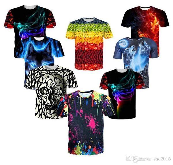 

3d напечатанных мужские crew neck футболка blue wolf фрукты snow mountain star milk радуга череп туман черный красный пламени короткие рукав, White;black