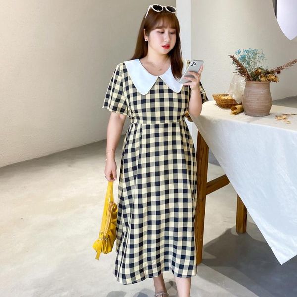 

casual dresses women's summer plaid lapel stitching commuter dress plus size calf length wear 100 kg can be worn, Black;gray