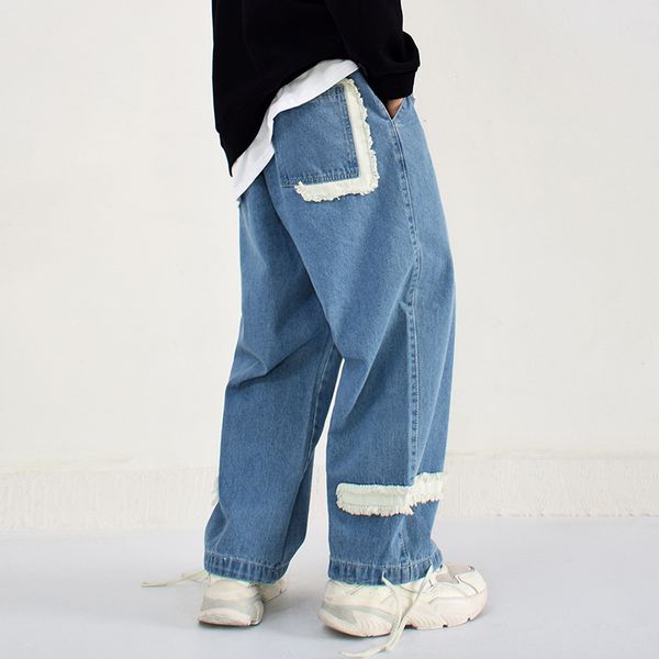 

loose straight jeans pant male streetwear denim pant hip hip vintage loose drawstring adjustment casual men elastic waist mid, Blue
