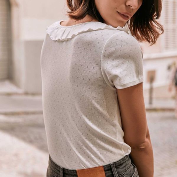 

women shirt 2020 summer new product ruffled round neck short sleeve women's shirt, White