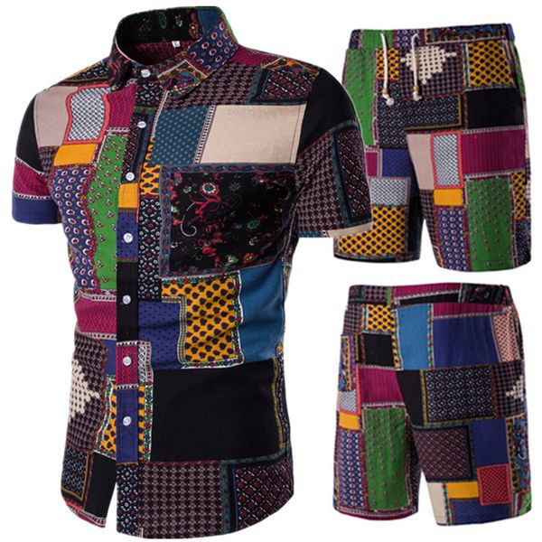 

shirts + shorts set / 2020 summer fashion new men's casual boutique short sleeve shirt / man's beach vacation flower shorts, White;black