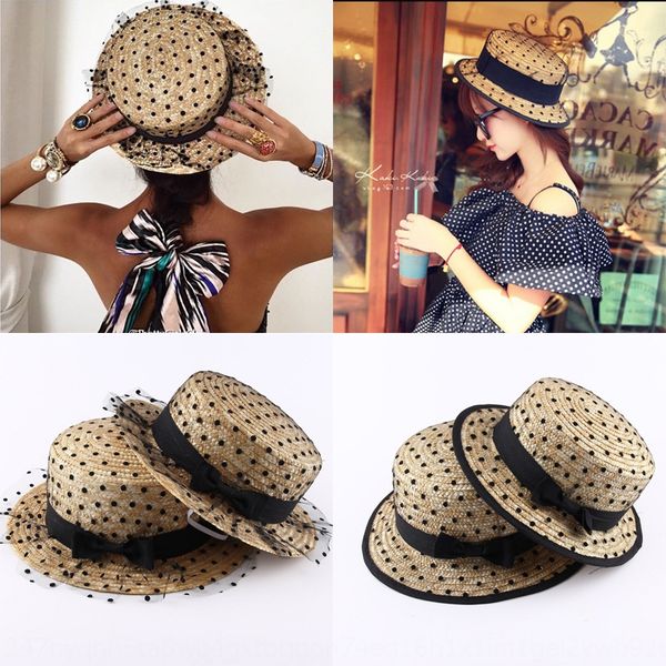 

new sun straw sun lace mesh polka dot bow straw hat summer flat sunshade hat korean rural style outdoor, Blue;gray