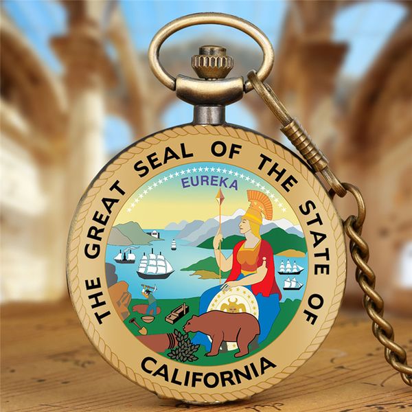 

steampunk unique design watches california/new york /kentucky/mississippi state of united states quartz pocket watch with fob pendant chain, Slivery;golden