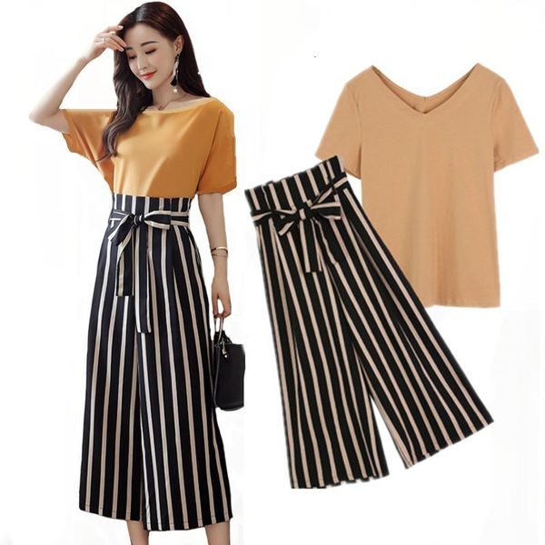 

korea women casual t-shirt trouser tracksuit office lady two piece set short sleeve tee high waist wide leg striped pants suits, Gray