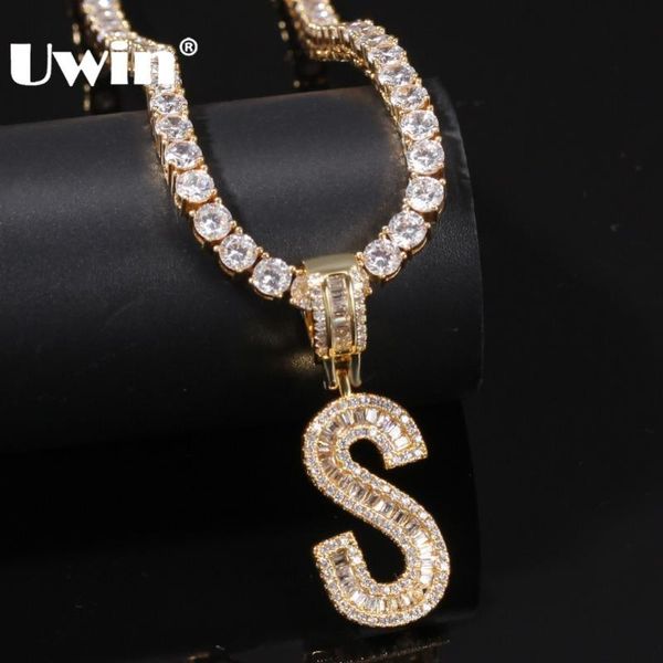 

uwin english initials baguette letters necklace pendant with 4mm cubic zirconia tennis chains fashion hiphop men women jewelry, Silver