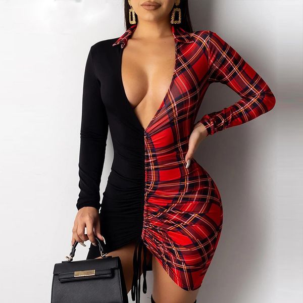 

grid print insert drawstring bodycon dress women dress, Black