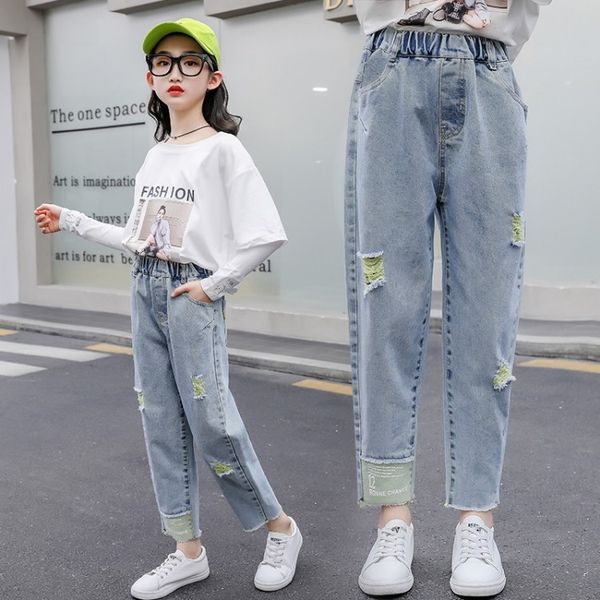 

girls 2020 autumn color printing washed primary school and jeans children's casual jeans, Blue