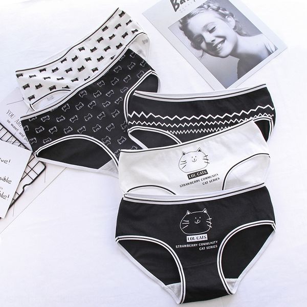 

black and white trendy cat women's underwear mid-waist women's cotton triangle underwear head cotton crotch a29, Black;white