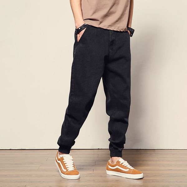 

fashion streetwear men jeans loose fit black color spliced designer cargo pants harem jeans big size 28-42 hip hop men, Blue