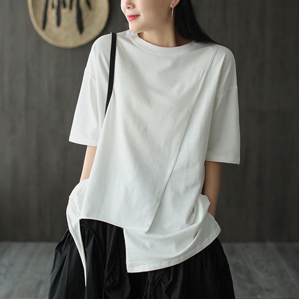 

cotton asymmetric t-shirt female 2020 summer new retro literary loose round neck white pullover 773
