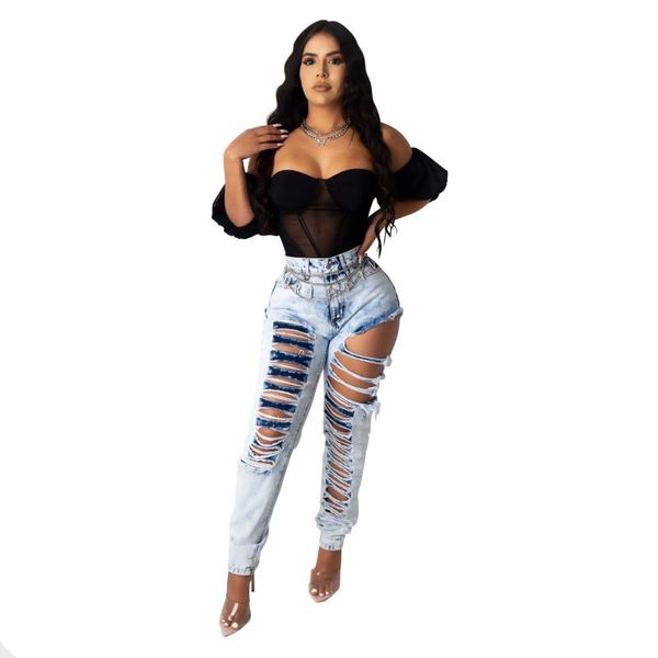 

women's jeans hhdmv summer women 2021 fashion reduction of age casual style long pants buttons high waist broken hole, Blue