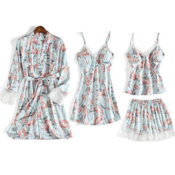 

4pcs kimono gown nightwear intimate lingerie women homewear sleep set print flower wedding party robe set casual sleepwear, Black;red