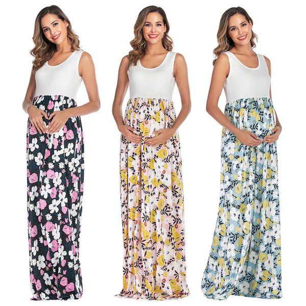 

2020 new women pregnant maternity nursing floral breastfeeding summer long dress sleevless boho beach clothes for pregnant women, White