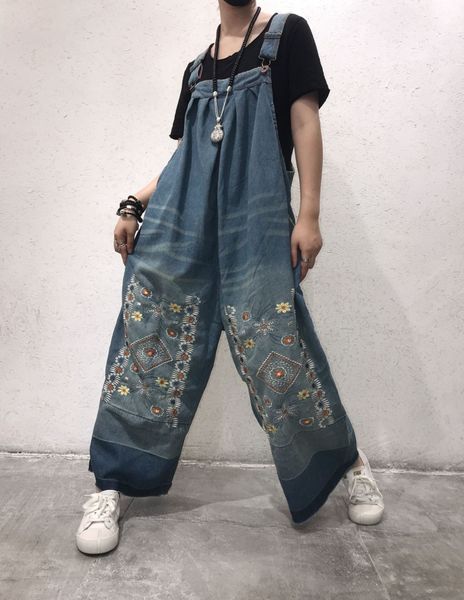 

женская этнические стиль вышитых подтяка брюки большого размера старая широко нога промежность и слинг джинсы джинсы производства в марте, Blue